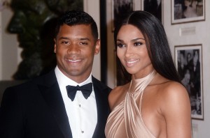 WASHINGTON, DC - APRIL 28: Russell Wilson from the Seattle Seahawks and Ciara Harris arrive for the State dinner in honor of Japanese Prime Minister Shinzo Abe And Akie Abe April 28, 2015 at the Booksellers area of the White House in Washington, DC. (Photo by Olivier Douliery/Getty Images)